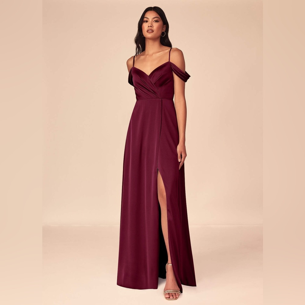 Azazie Burgundy Off-Shoulder Satin Maxi Dress with Slit